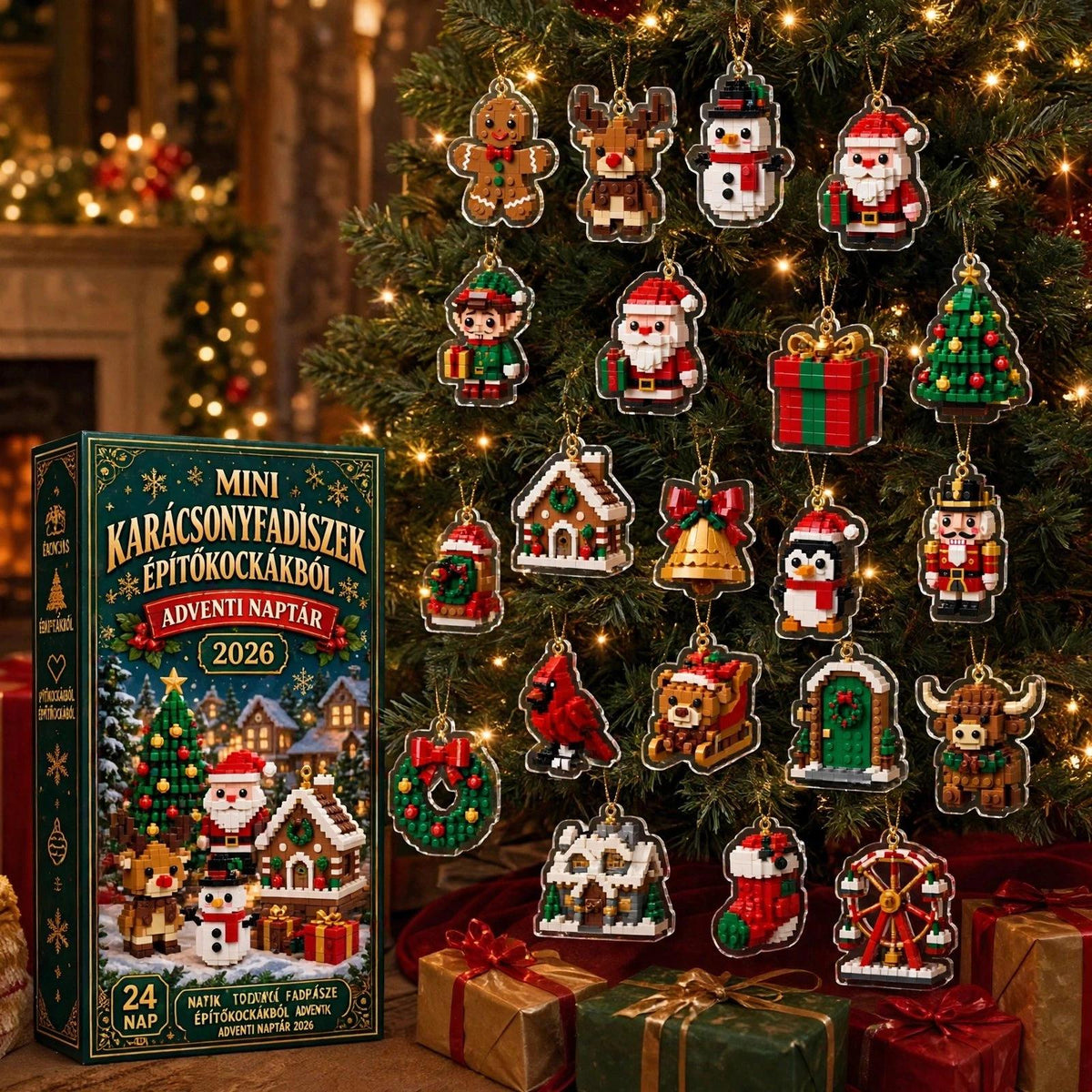 Adventi naptár 24 mini karácsonyfadísszel építőkockákból