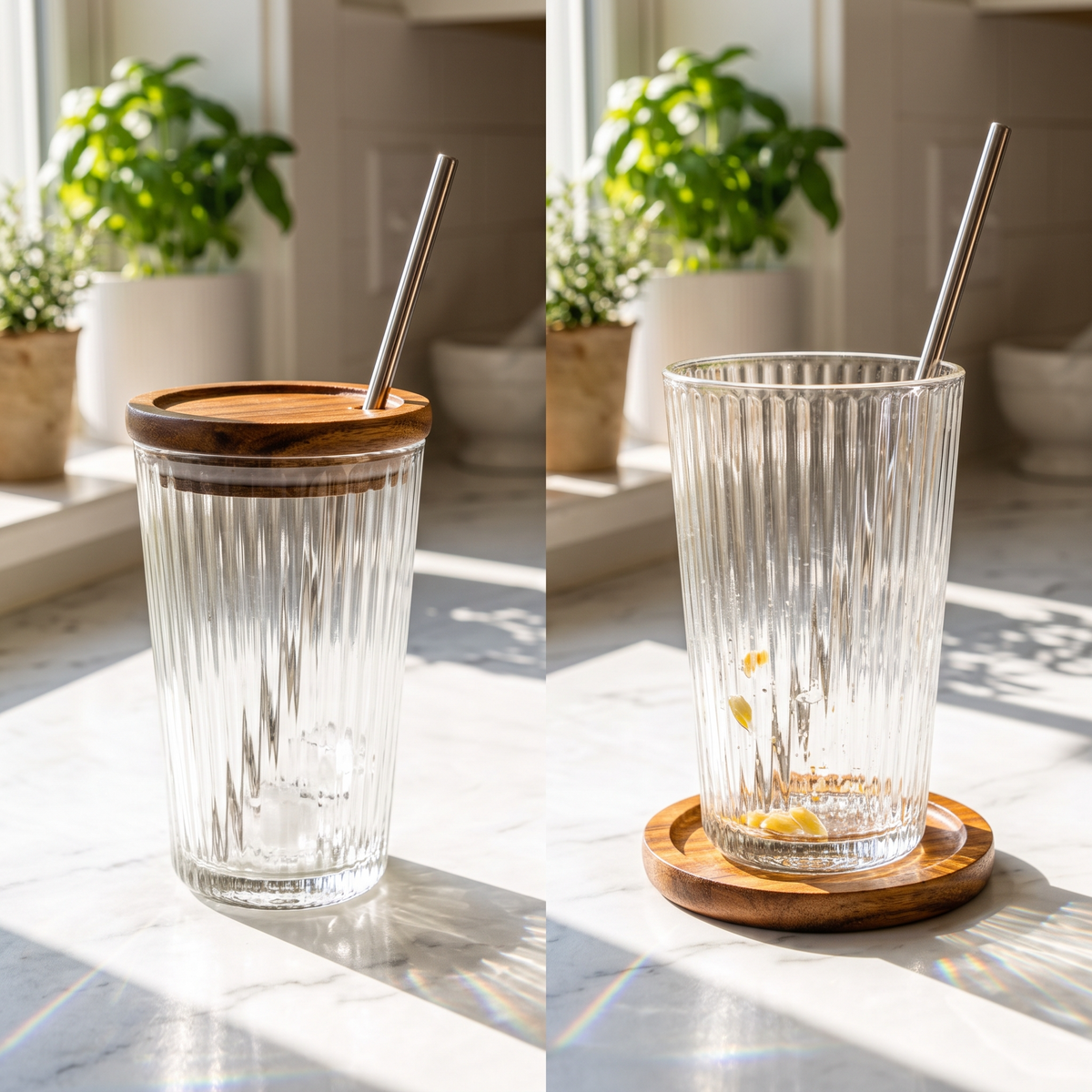 Cuisorb® Origami Fluted Borosilicate Glass Tumbler Set with Dual Acacia Lids & Coasters
