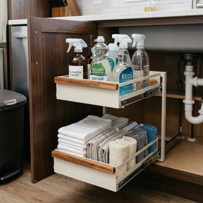 Cuisorb® 2-Tier Under-Sink Slide-Out Metal Storage Organizer with Acacia Wood Handle