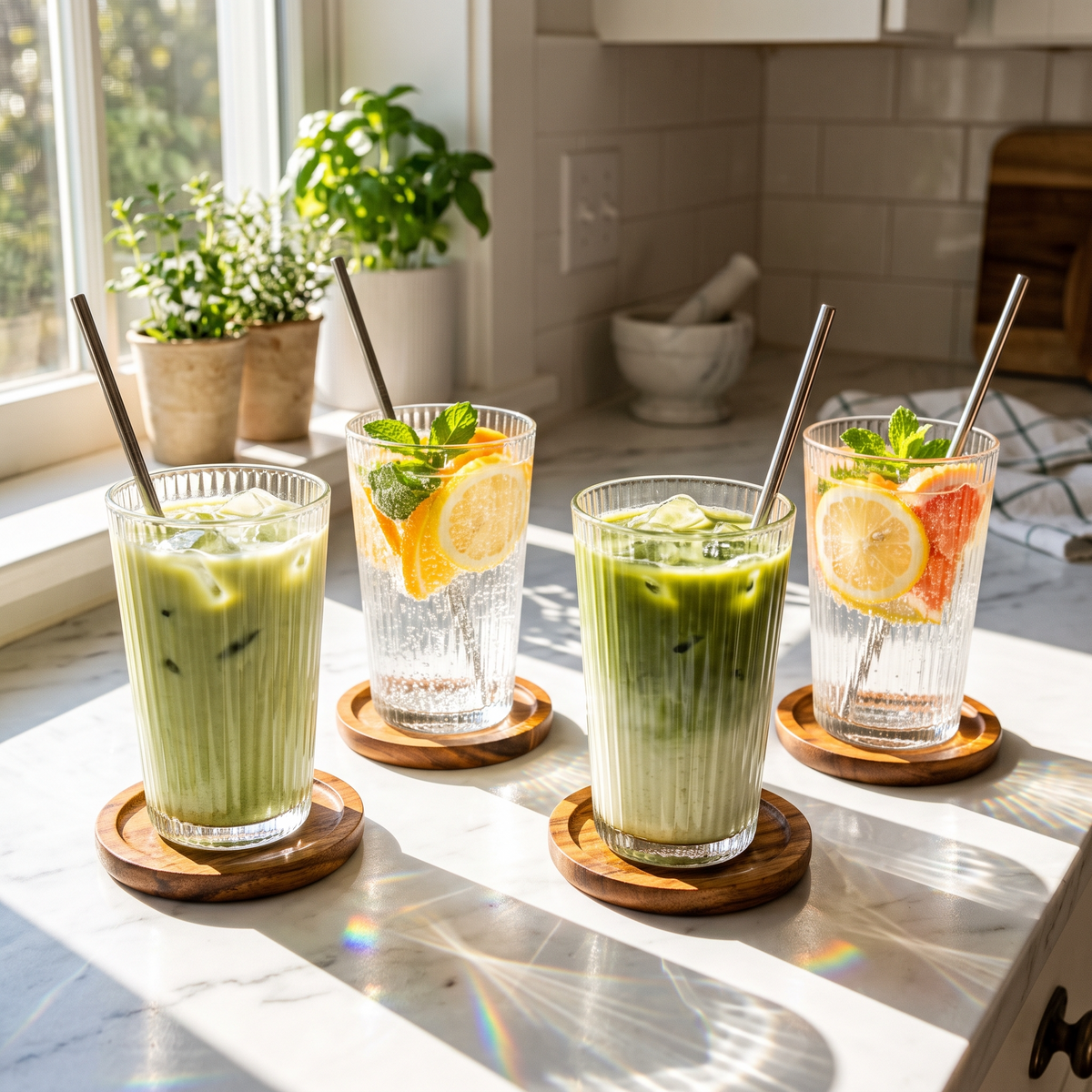 Cuisorb® Origami Fluted Borosilicate Glass Tumbler Set with Dual Acacia Lids & Coasters