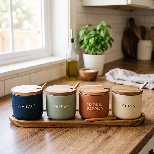 Cuisorb® Nordic Matte Ceramic Spice Canister Set of 4 with Wooden Spoons & Tray