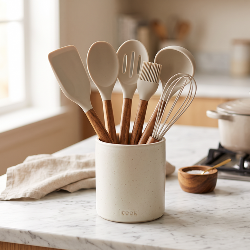 Cuisorb® Artisan Silicone & Acacia Wood Cooking Utensil Set with Ceramic Holder